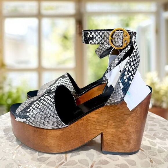 TORY BURCH $425 Camilla Wedge Sandals Women’s 6.5 Snake Print Platform Wood Heel - Picture 4 of 16